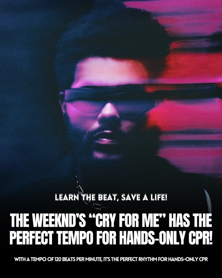 Instagram post by @theweekndhxouse for American Heart Association. Caption reads: The Weeknd’s ‘Cry For Me’ could help save lives!....