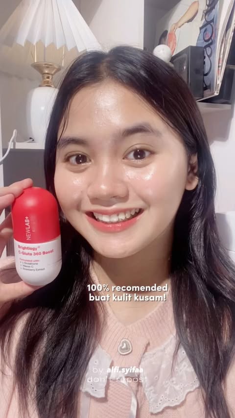 Instagram post by @alfi.syifaa for Newlab. Caption reads: [...] perlu ribet. Pake C-Glutathione dari....