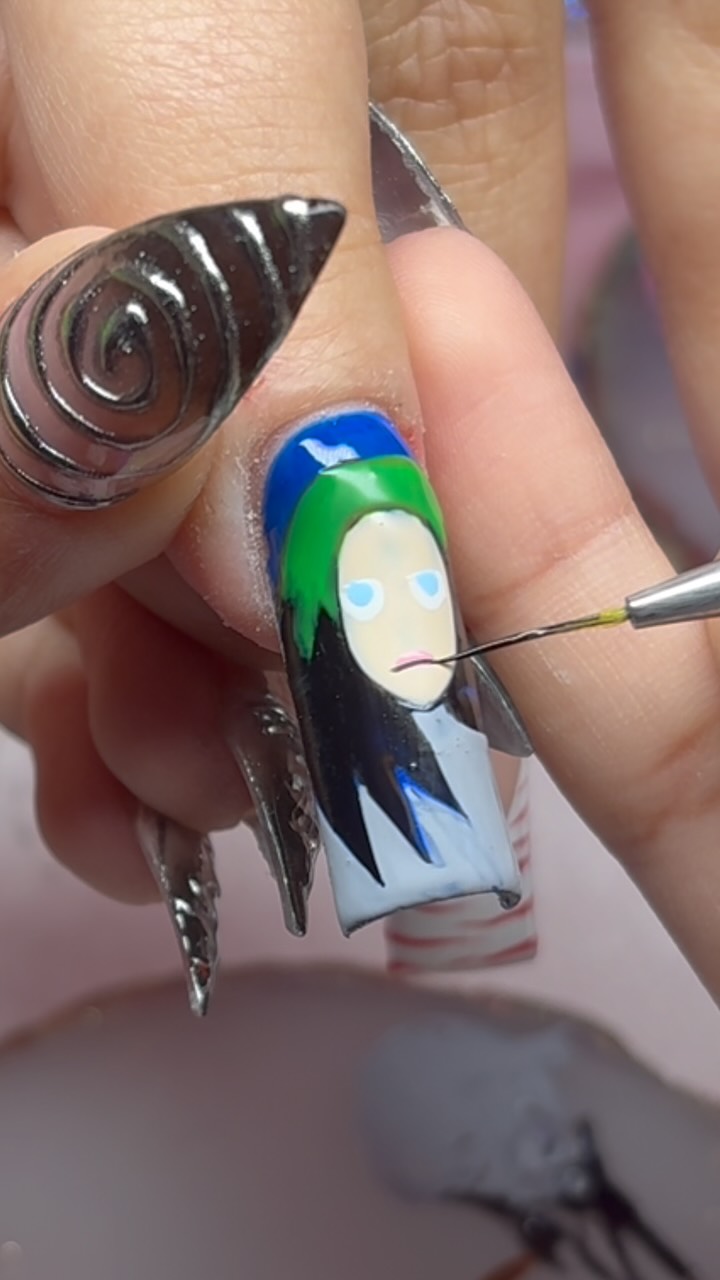 Instagram post by @nailedbydache for VBeautyPure. Caption reads: why did she wait til 9PM to ask for Billie Eilish....