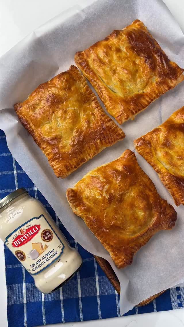 Instagram post by @vijayaselvaraju for Bertolli. Caption reads: Chicken Bacon Alfredo Hand Pies 🥧 It’s official,....