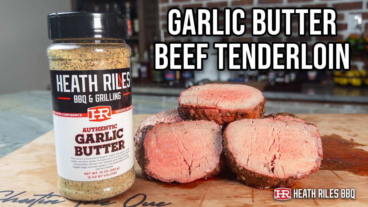 YouTube post by @HeathRilesBBQ for Heath Riles BBQ. Caption reads: Garlic Butter Basted Beef Tenderloin | Heath Riles....
