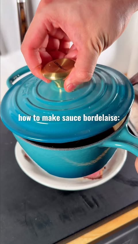 Instagram post by @stevenmotocooks for Le Creuset. Caption reads: Making Sauce Bordelaise w/ @lecreuset in Riviera!....