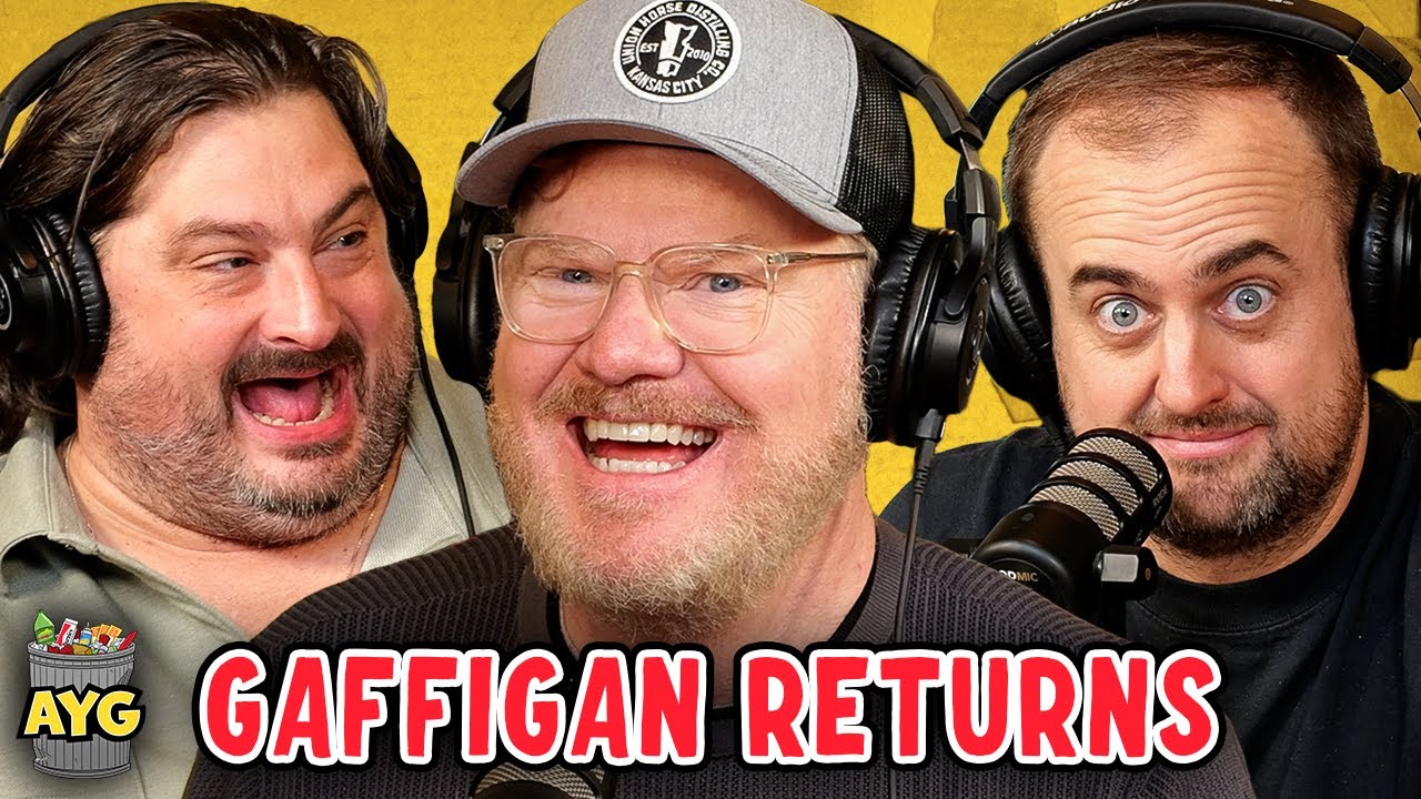 YouTube post by @AreYouGarbage for PrettyLitter. Caption reads: Jim Gaffigan Returns! | Are You Garbage Comedy....