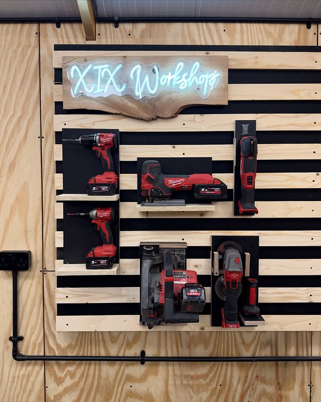 Instagram post by @xixworkshop for Milwaukee Tool. Caption reads: The beloved French Cleat Tool Wall is back baby,....
