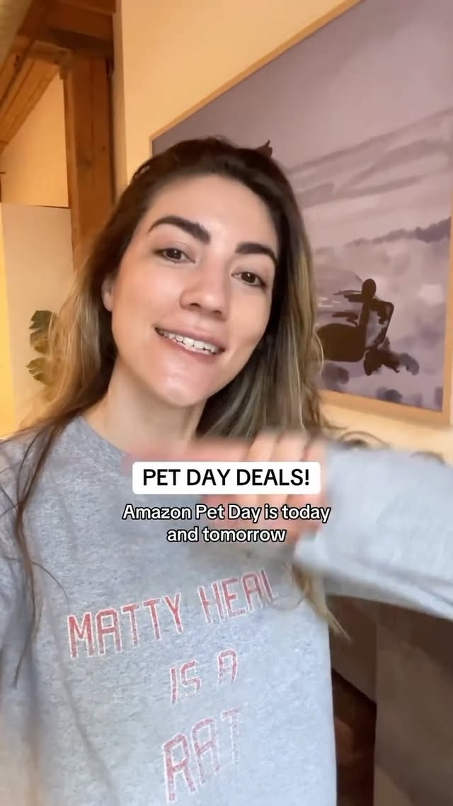 Instagram post by @myboyrudder for Amazon Pets. Caption reads: shop my fav deals in my “Pet Day Deal Picks”....