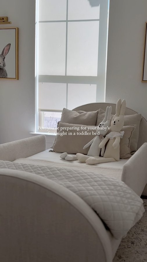 Instagram post by @areyoucruz for Monte Design. Caption reads: [...] her toddler bed is here.🥹🤍@montedesign....