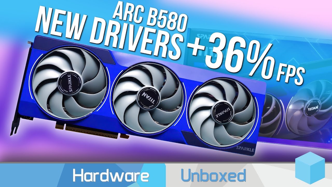 YouTube post by @Hardwareunboxed for Newegg. Caption reads: Huge Arc B580 News! Intel Fixes CPU Overhead....