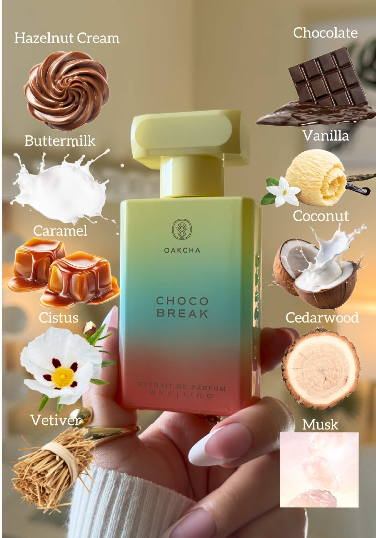 TikTok post by @gabbyfragrances for Oakcha. Caption reads: Choco Break🌰🤎🍫@Oakcha  Perfume Gourmand Smells....