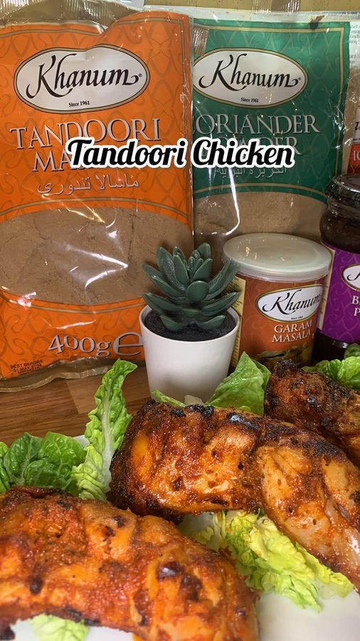 Instagram post by @thefoodtube_official for Khanum's. Caption reads: Tandoori Chicken legs Ingredients: 1. Chicken legs....