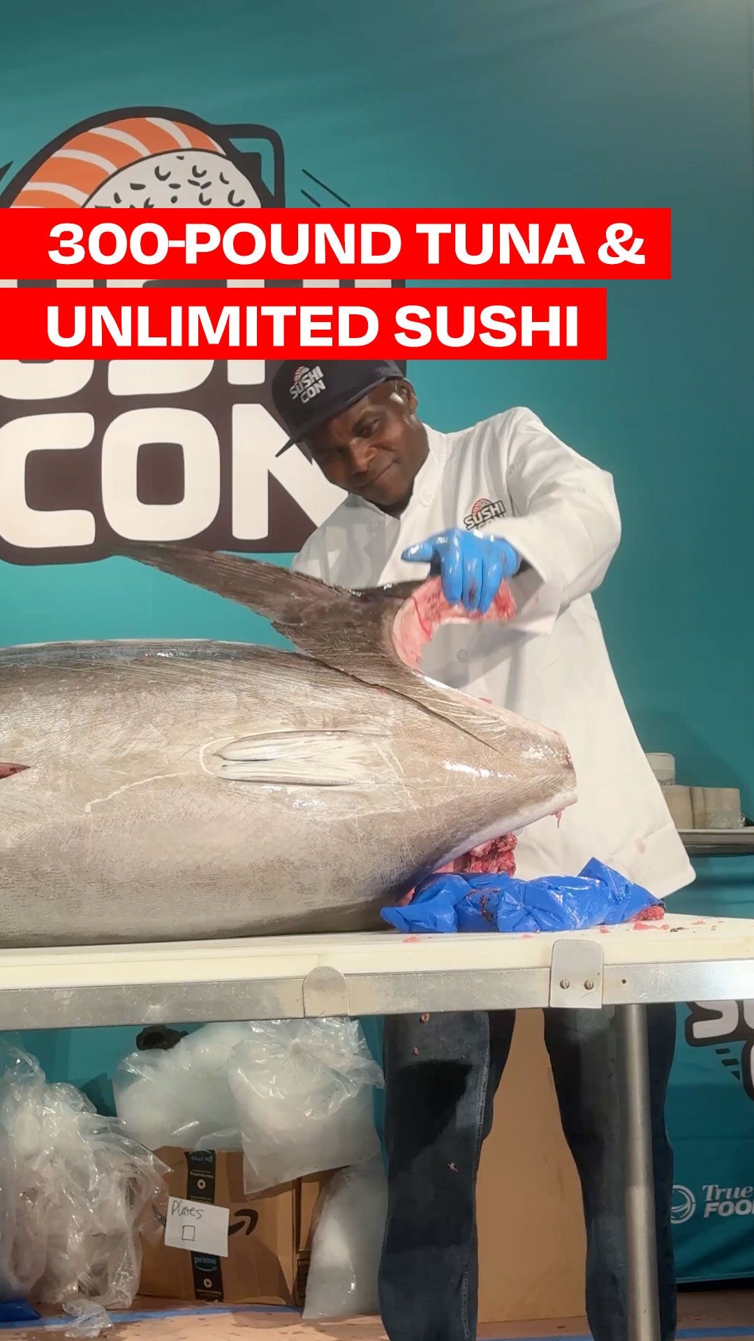 Instagram post by @nadiachaudhury for Eater. Caption reads: Yep, that is a 300-pound tuna. 🤯

Eater staffers....