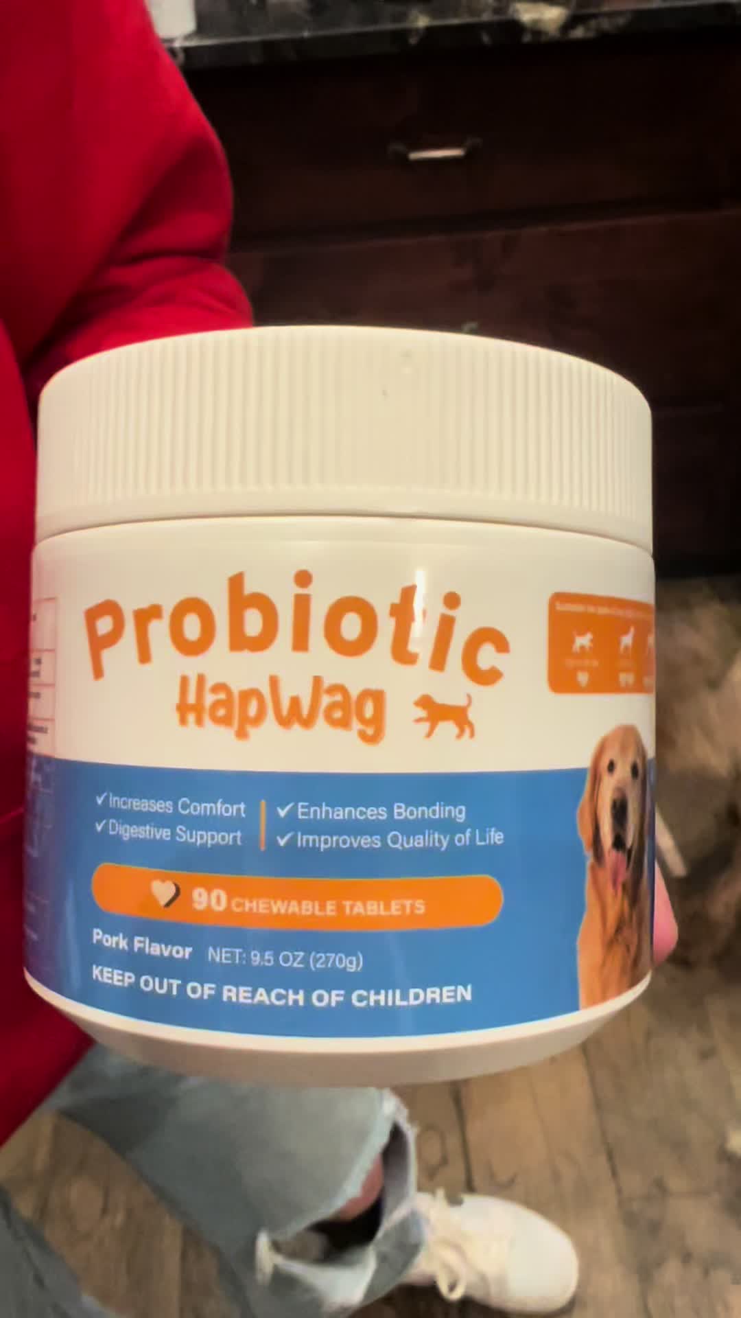 TikTok post by @3kidsandafarm for HapWag. Caption reads: [...] #probiotics #frenchie #goldendoodle....