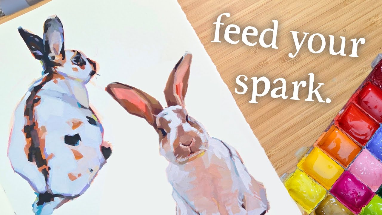 YouTube post by @emhuesart for Kittl. Caption reads: Painting Gouache Rabbits 🐇 and learning how to....