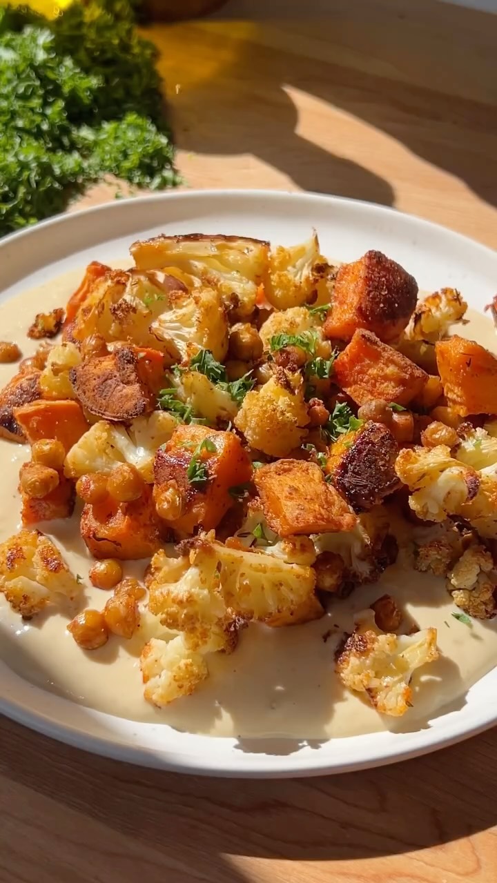 Instagram post by @plantyou for Icelandic Provisions. Caption reads: Fall sheet pan + high protein vegan yogurt sauce....