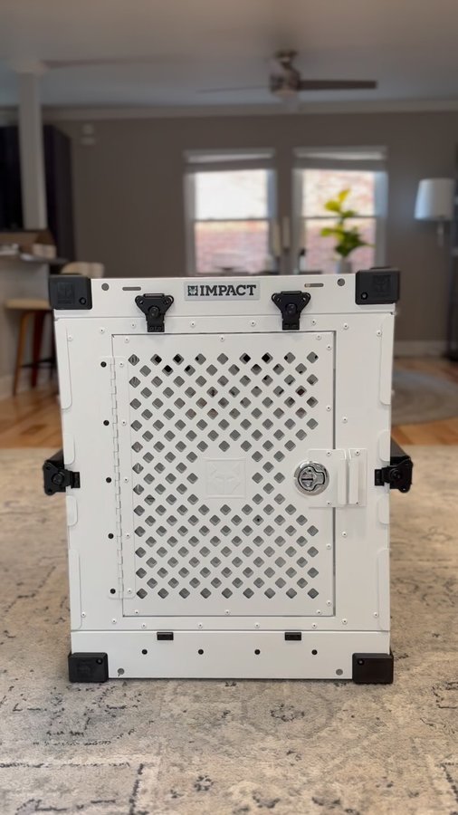 Instagram post by @remi_and_walter for Impact Dog Crates. Caption reads: [...] begin to cover it...get 10% off Impact dog....