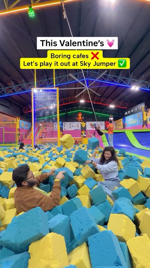 Instagram post by @musafirsamay for Skyjumper Trampoline Park. Caption reads: Bored of the usual “coffee and movie” routine? ☕🎬....