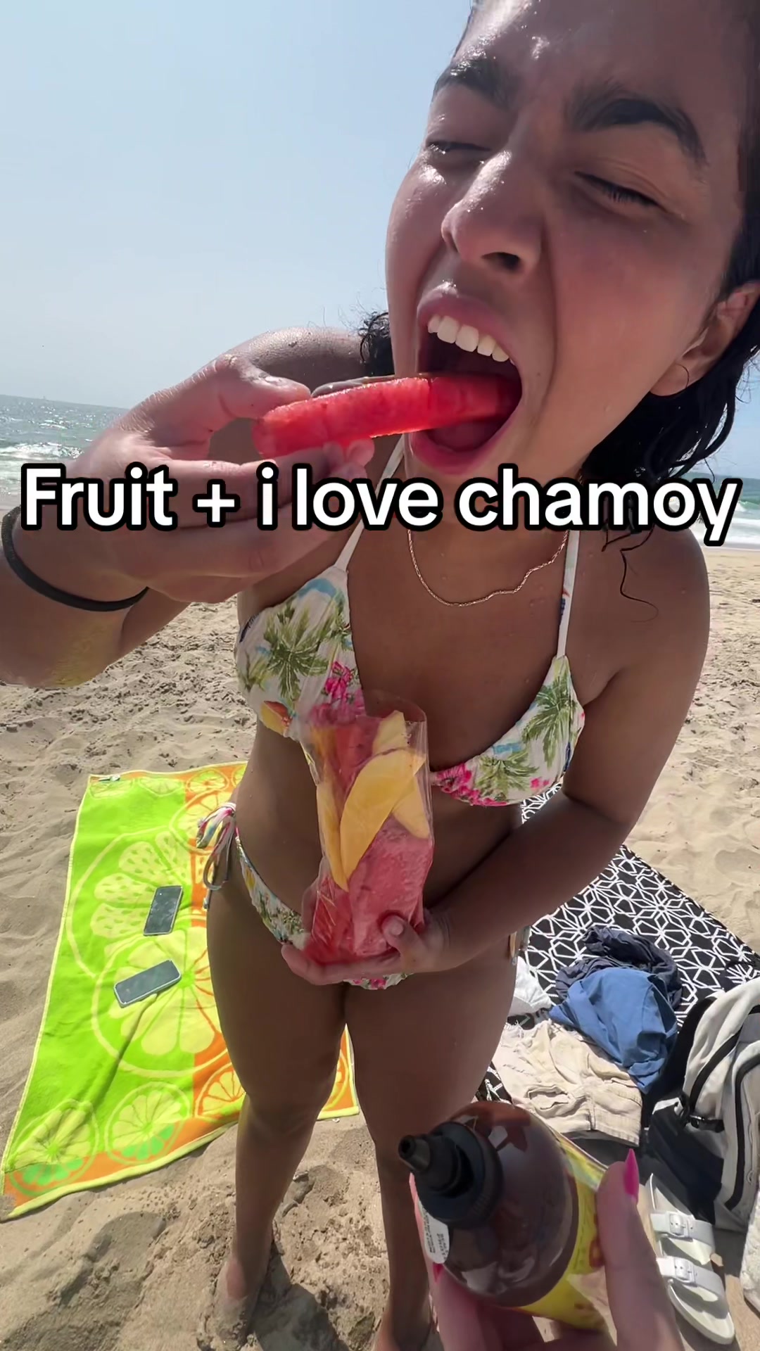 TikTok post by @shirleytempeh for I Love Chamoy. Caption reads: My favorite combo at the beach  #fruterobundle....