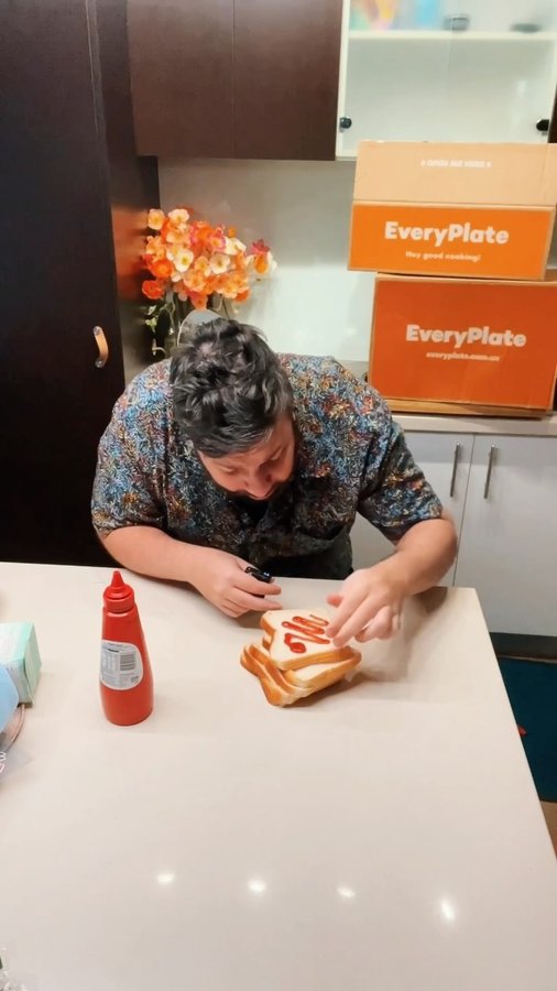 Instagram post by @christianhull for EveryPlate. Caption reads: Tomato sauce on bread – a delicacy from my....