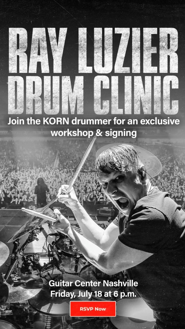 Instagram post by @rayluzierkorn for EVANS Drumheads. Caption reads: I’ll be doing a drum clinic at @guitarcenter....