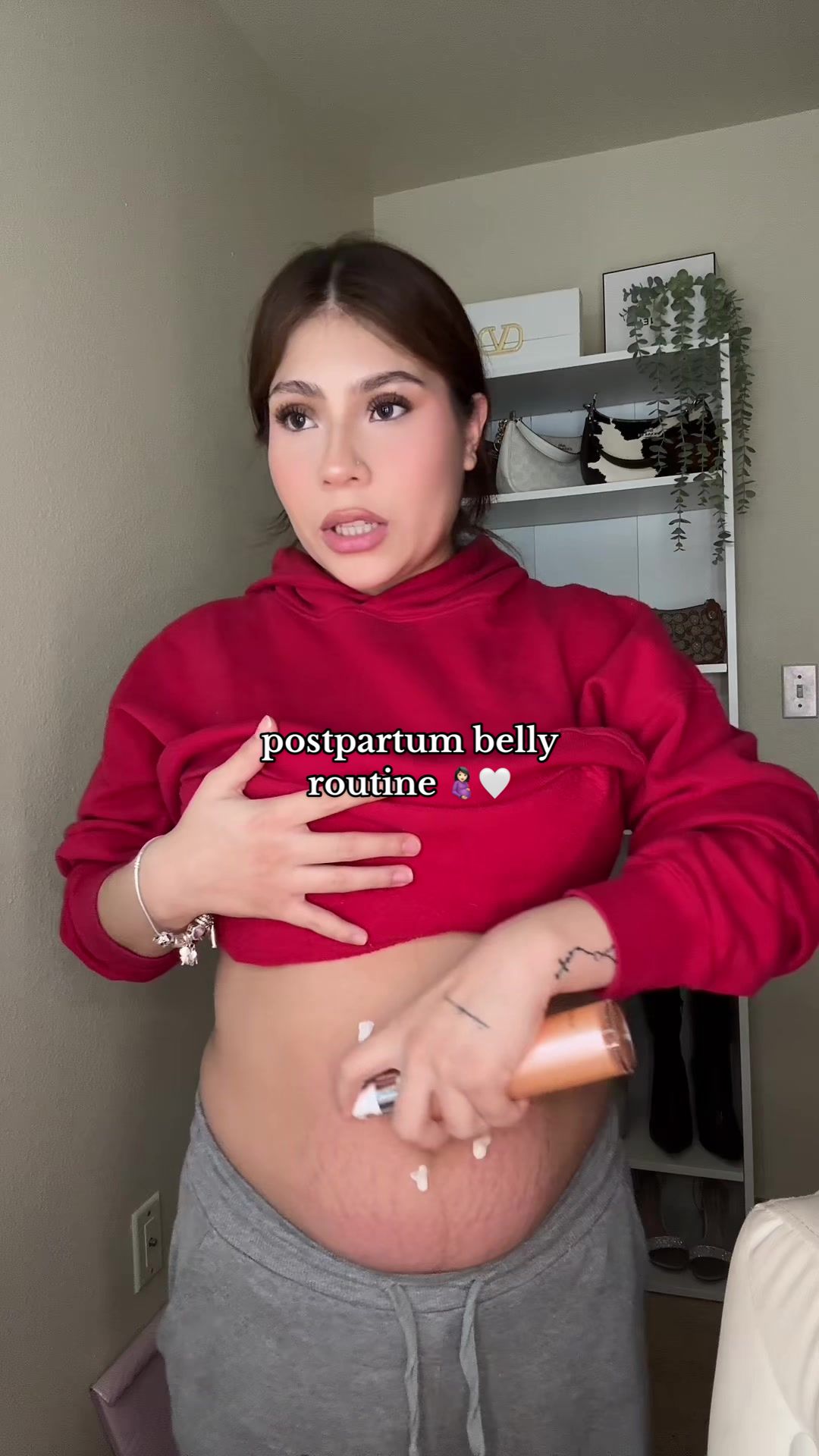 TikTok post by @funnypenjs for MAELYSCOSMETICS. Caption reads: @MAËLYS #postpartum #bellyfirmingcream #mombody....