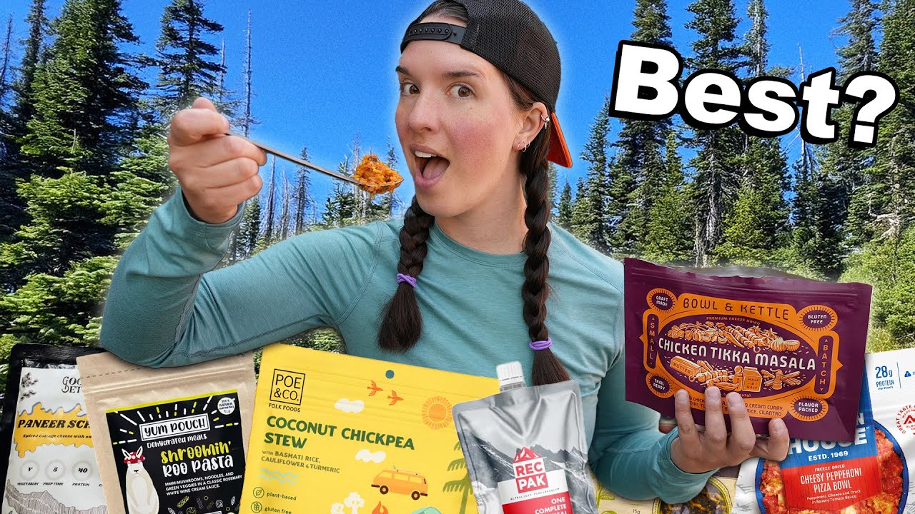 YouTube post by @MirandaGoesOutside for Mountain House. Caption reads: I Taste Tested New Backpacking Meals for 2025!.