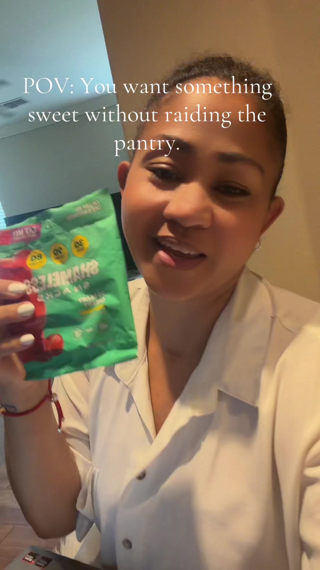 TikTok post by an influencer for Shameless Snacks. Caption reads: [...] #HealthySnackIdeas @Shameless Snacks.