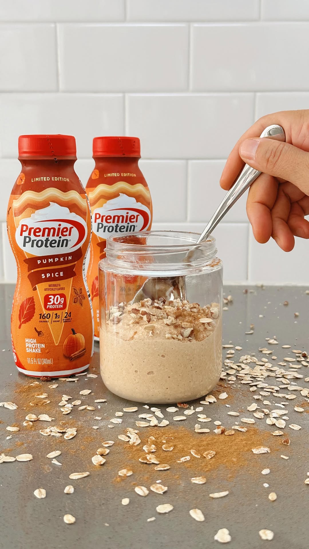 Instagram post by @jacquisaldana for Premier Protein. Caption reads: #ad Premier Protein Pumpkin Spice Protein Shakes....