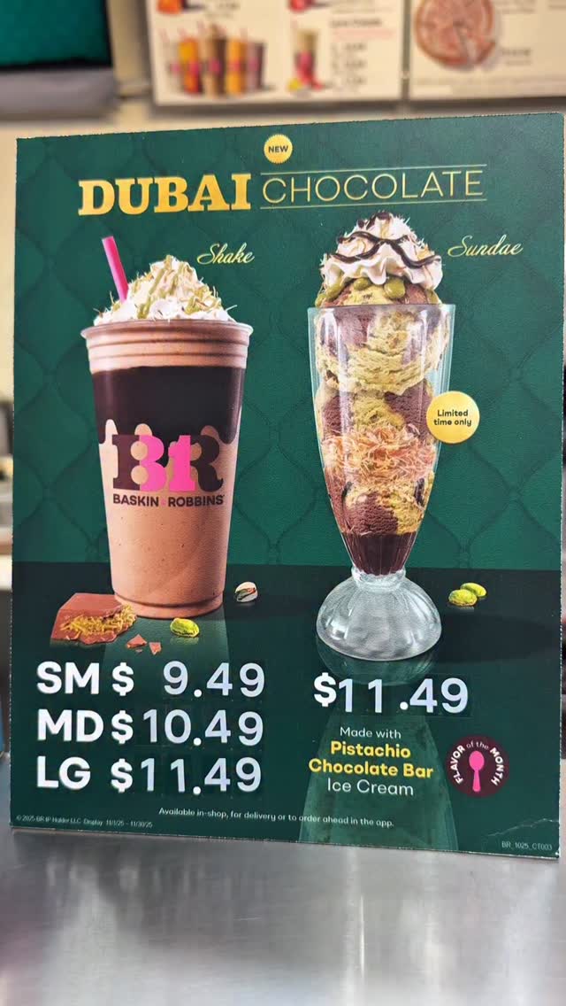 Instagram post by @jaskamreviews for Baskin-Robbins. Caption reads: Baskin Robbins NEW DUBAI CHOCOLATE!....