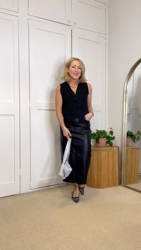 Instagram post by @whatkathydidnext for Baukjen. Caption reads: Ad| Styling a leather skirt 6 ways 

Which one get....