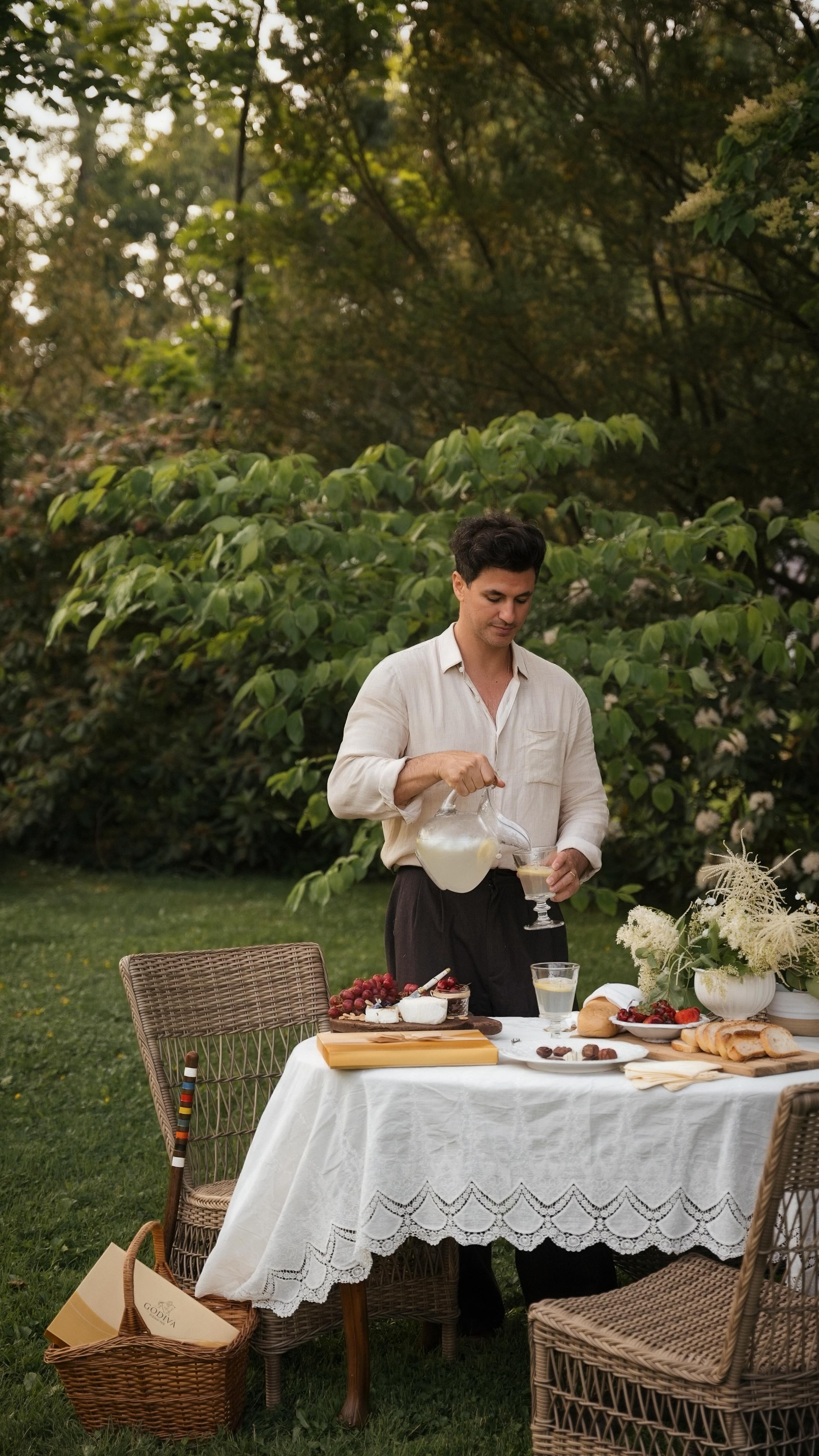 Instagram post by @freddiecipoletti for Godiva. Caption reads: Croquet on the lawn, lemonade in hand, and a board....