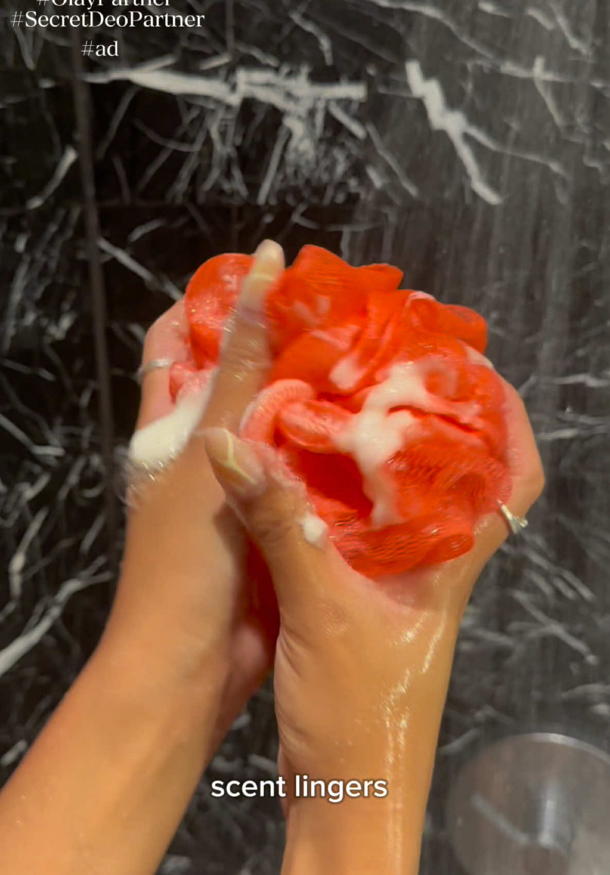 TikTok post by @tatycokley for Secret Deodorant. Caption reads: #OlayPartner #ad #SecretDeoPartner loving these....