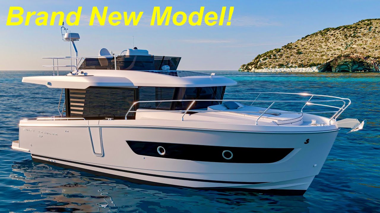 YouTube post by @AQUAHOLIC for Garmin. Caption reads: €323,000 Yacht Tour : Beneteau Swift Trawler 37.