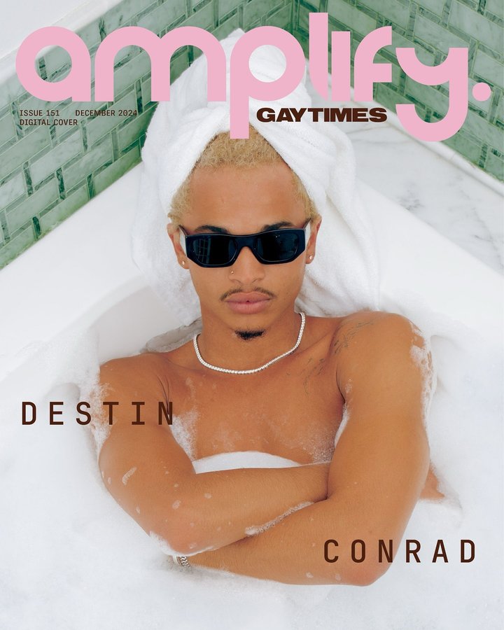 Instagram post by @destinconrad for GAY TIMES. Caption reads: “There’s so many gay boys that need songs about....