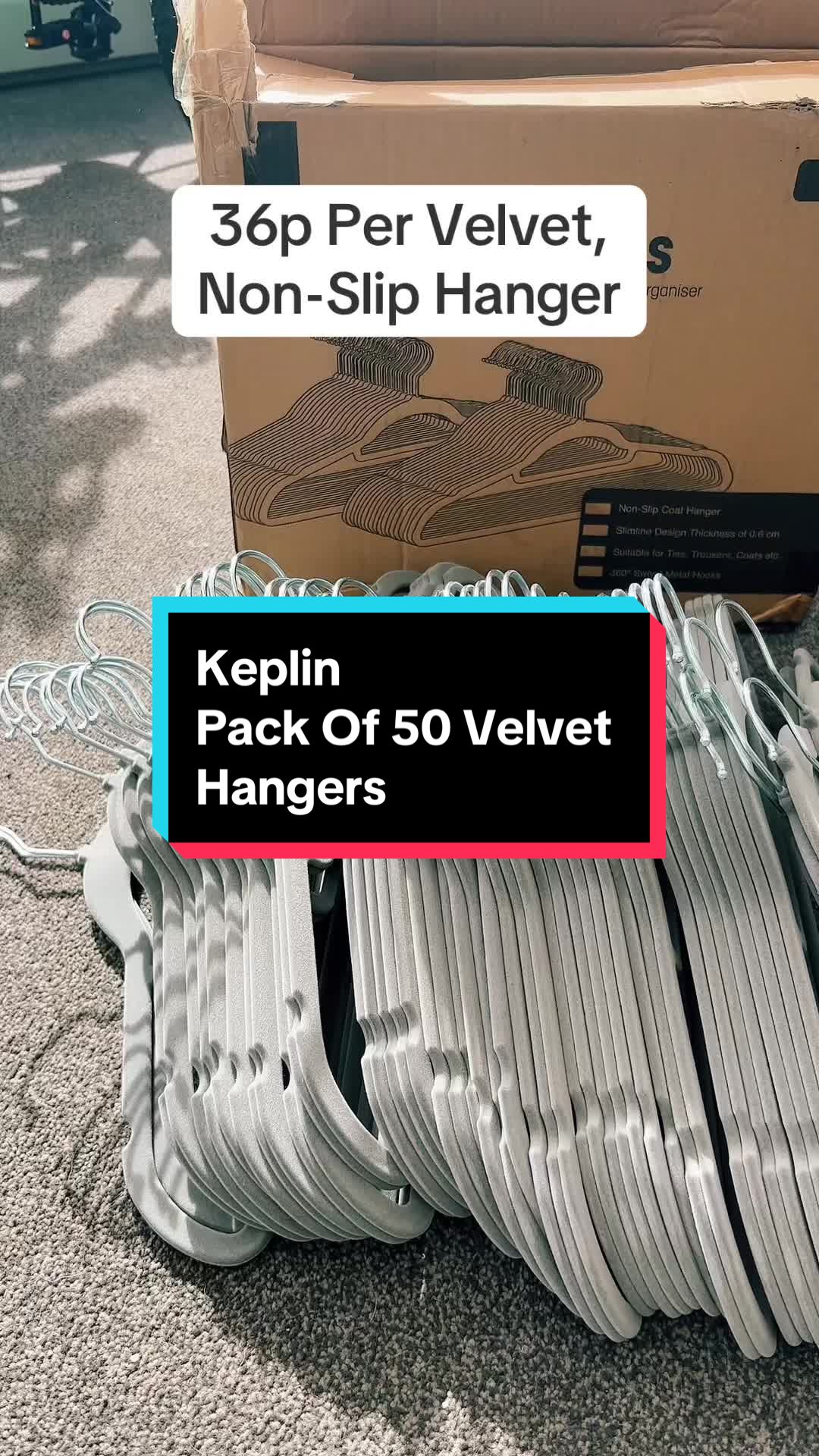 TikTok post by @lauretta_jayne for Keplin. Caption reads: [...] pack of 50 velvet non-slip hangers from....