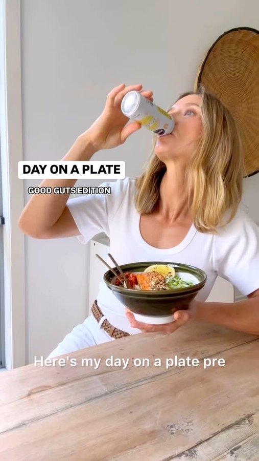 Instagram post by @brownpapernutrition for Remedy Drinks. Caption reads: Day on a Plate - Good Guts aka Pre-Probiotic....
