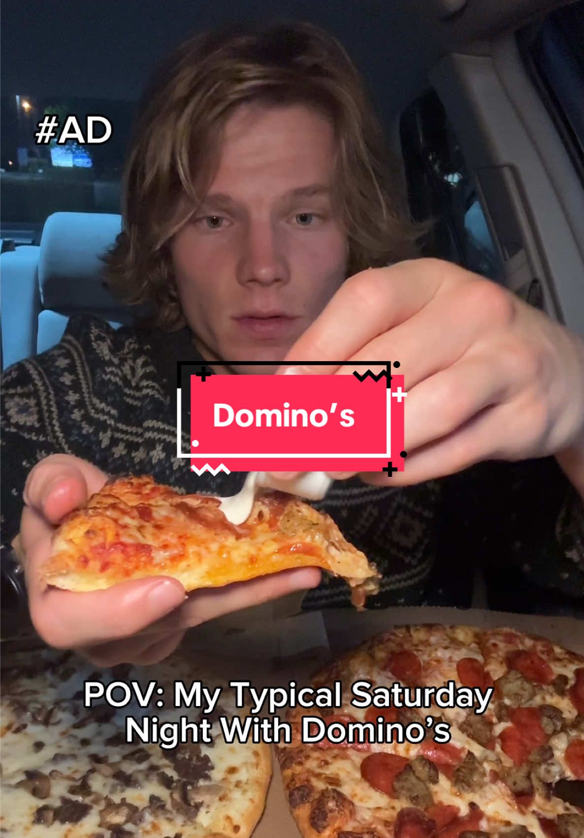 TikTok post by @ianjackedeats for Domino’s. Caption reads: #ad Any pizza any topping for $9.99?? Love me a....