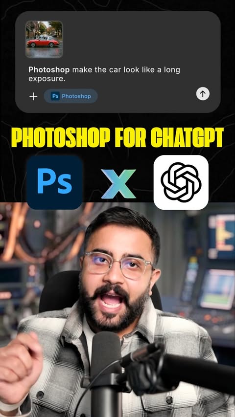 Instagram post by @bilawal.ai for Adobe Photoshop. Caption reads: Photoshop is now inside ChatGPT. Just prompt what....