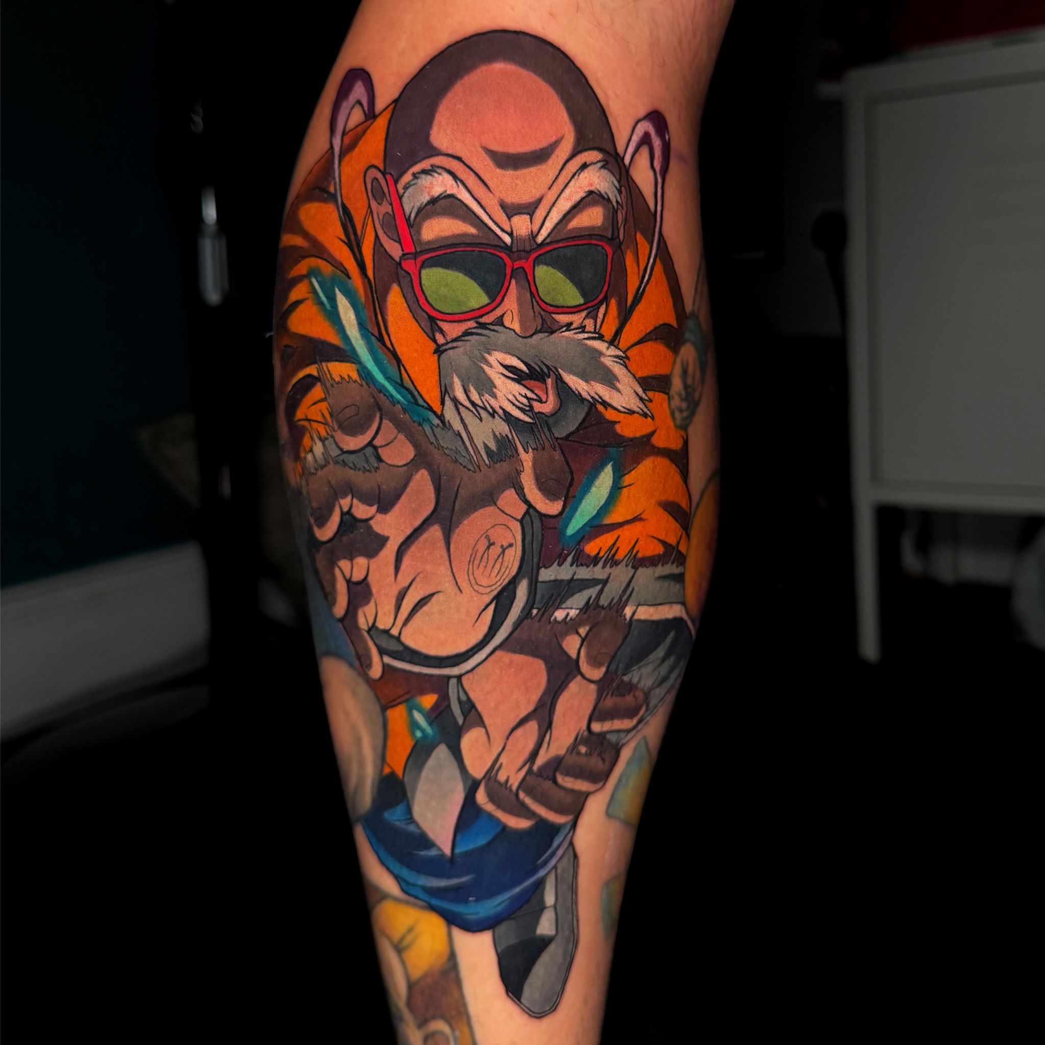 Instagram post by @siitattooist for Butterluxe Tattoo Care. Caption reads: Master Roshi calf gap filler! (Background to add....