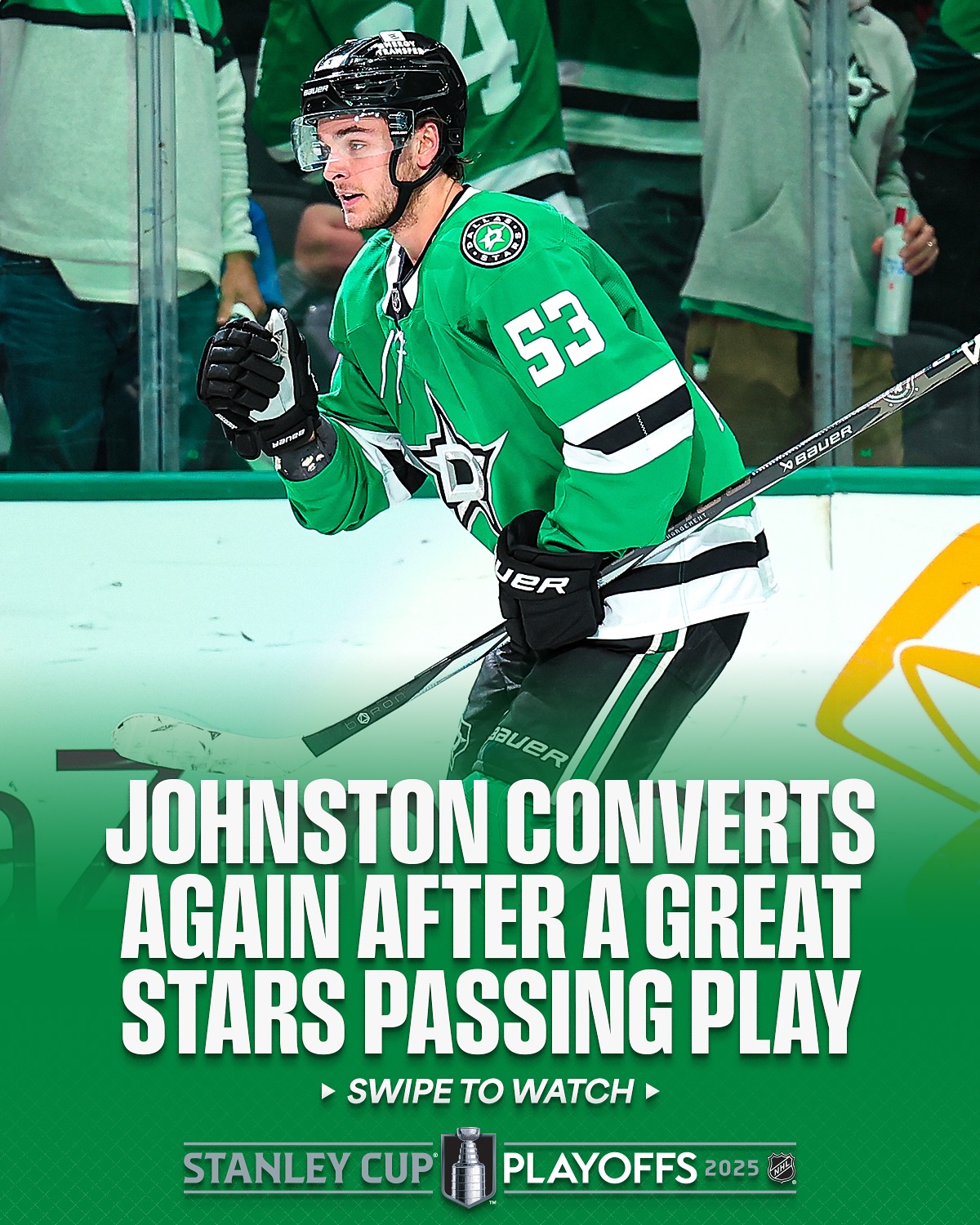 Instagram post by @dallasstars for Budweiser. Caption reads: Just a great setup for his second of the game 🤝....