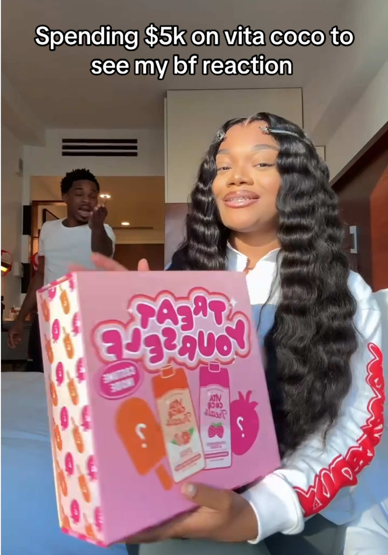 TikTok post by @muizandjae for Vita Coco. Caption reads: Girl math is spending $5k of my bf savings for....