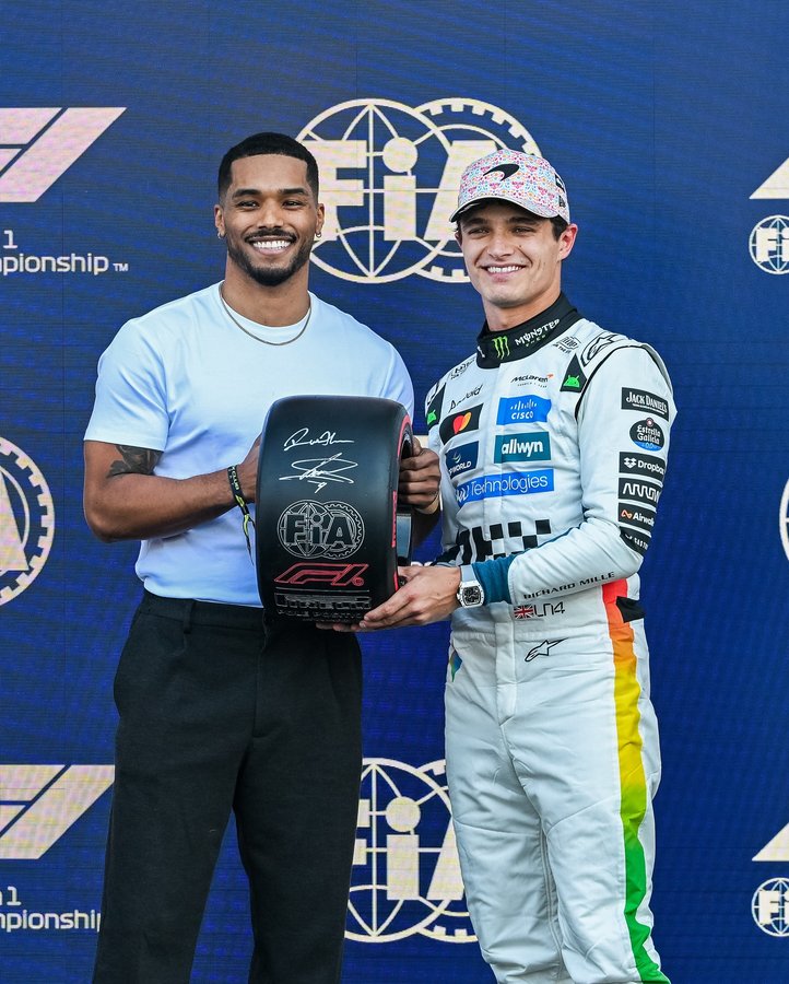 Instagram post by @romeflynn for Pirelli. Caption reads: @lando clinches the #Pirelli Pole Position Award,....