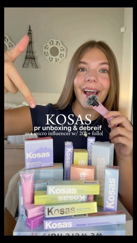 Instagram post by @mercypotter.official for Kosas. Caption reads: @kosas PR UNBOXING!! *huge haul* 💖🎉🌟🫶🏼 [...].