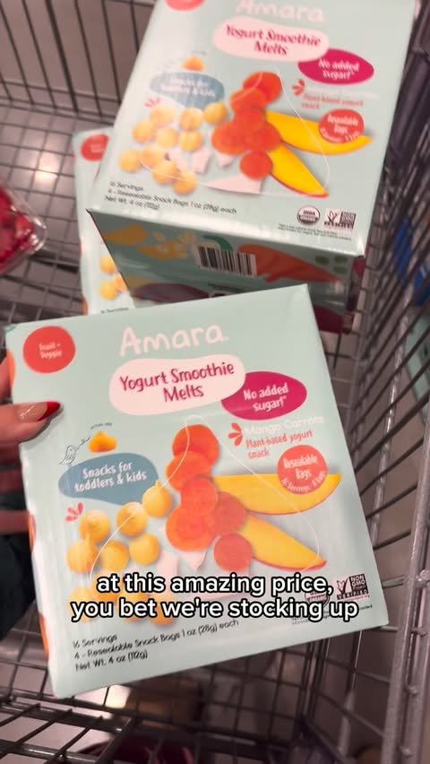 Instagram post by @breezleweezle_ for Amara Organic Foods. Caption reads: #ad That sneaky toddler… 🤣 Amara mango carrot....