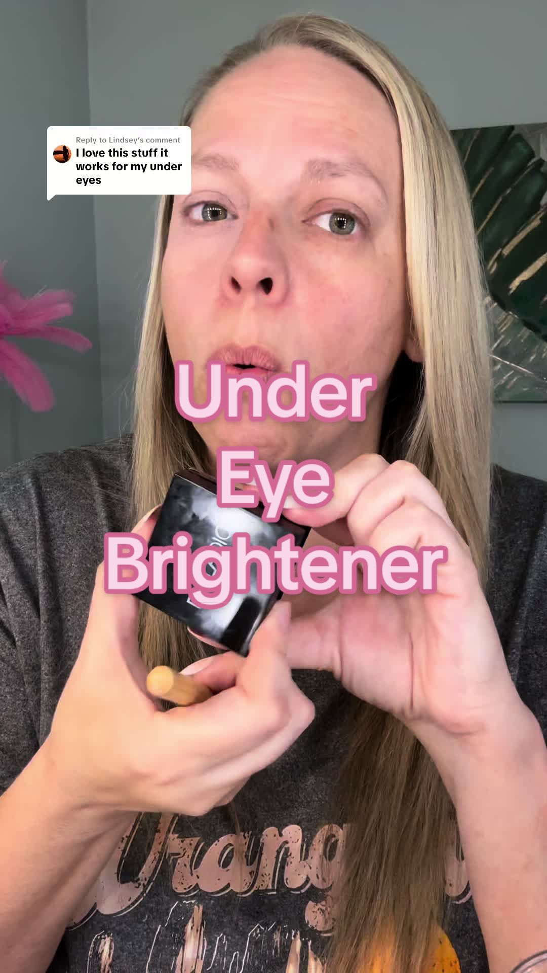 TikTok post by @realmomlaney for Palladio Beauty. Caption reads: Replying to @Lindsey @Palladio Beauty under eye....