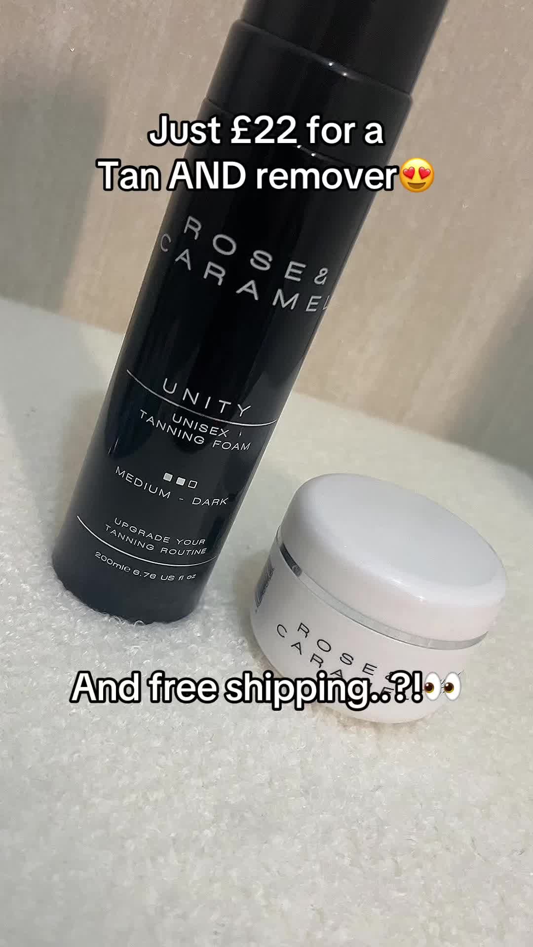 TikTok post by @emetrigg for Rose & Caramel. Caption reads: What a lil treat 🥹 @Rose & Caramel #selftanning....