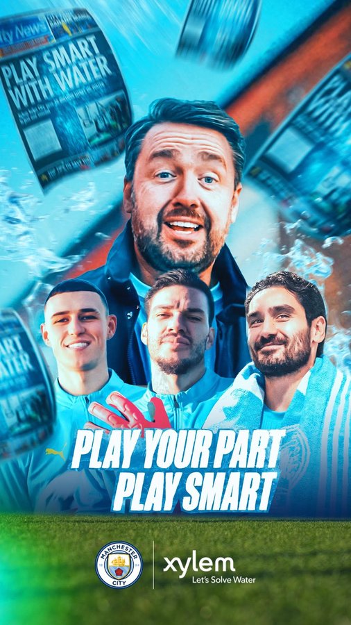 Instagram post by @xylem_inc for Manchester City. Caption reads: When it comes to water, it’s time to Play Smart 💧....