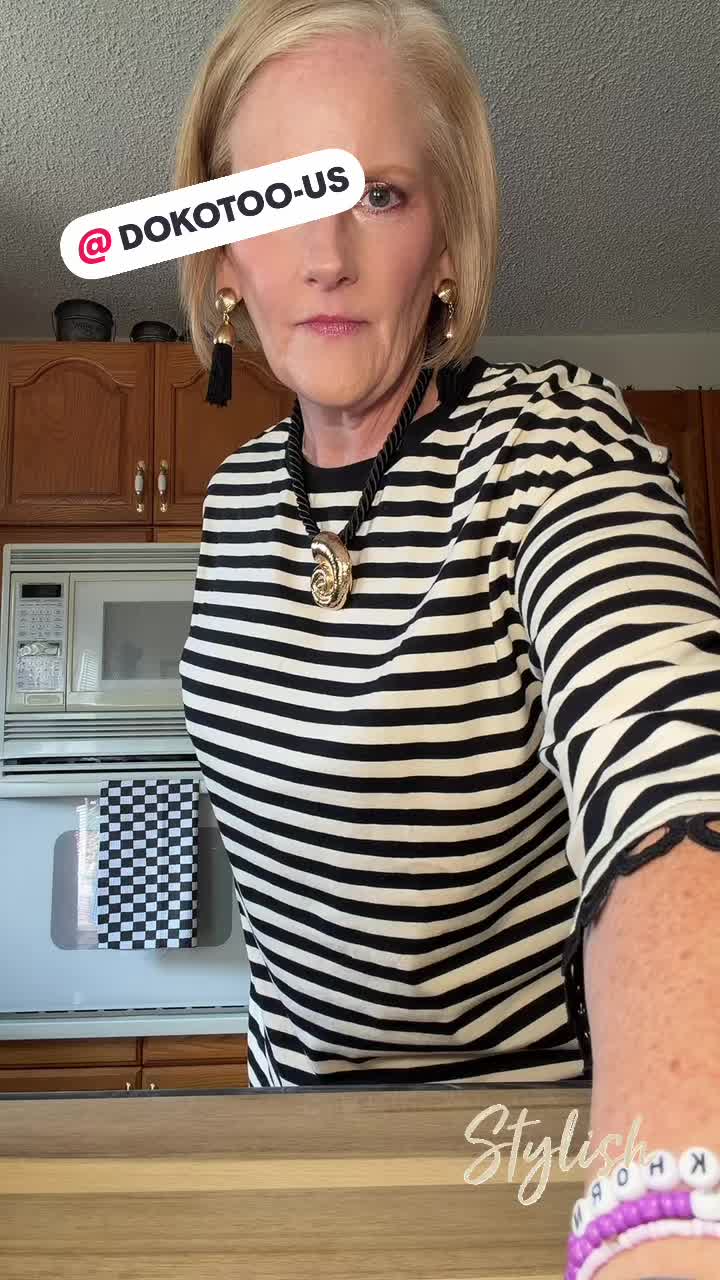 TikTok post by @denisemullinscolwell for Dokotoo. Caption reads: [...] striped 3/4-length sleeve top from....