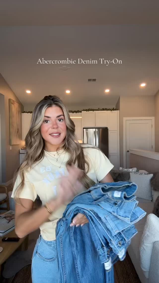 Instagram post by an influencer for Abercrombie & Fitch. Caption reads: #AbercrombiePartner Denim try-on! 👖✨ all washes &....