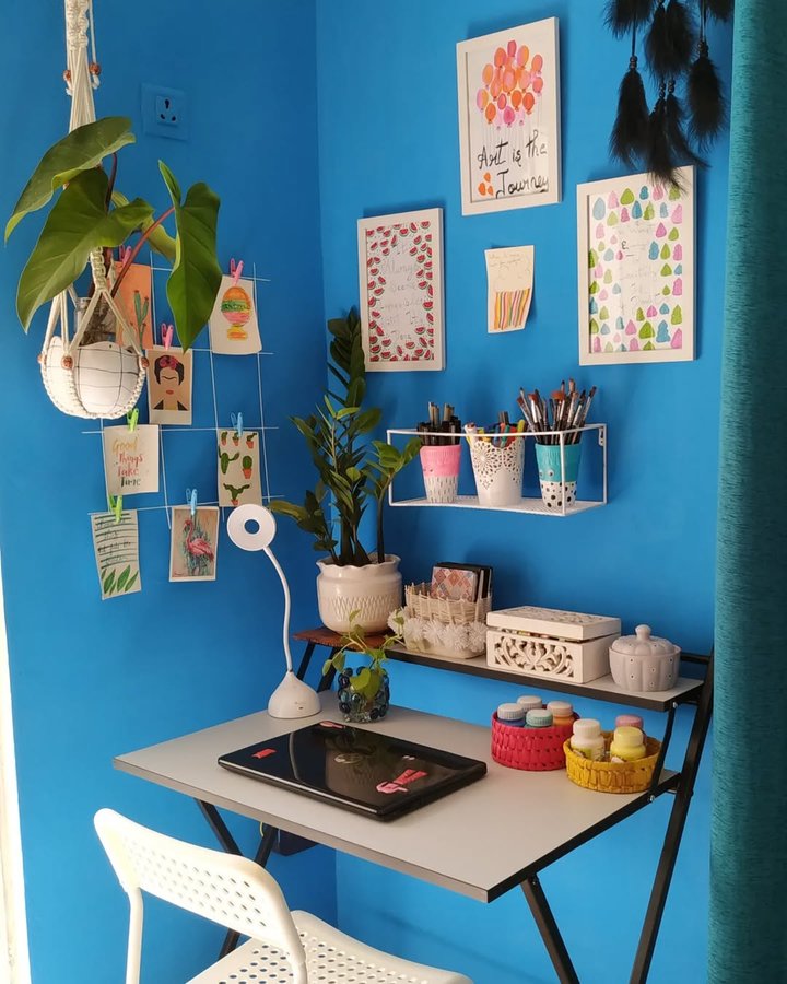 Instagram post by @__allaboutlifestyle_merapitara for Pepperfry.com. Caption reads: My aesthetic+ functional study corner. A simple....