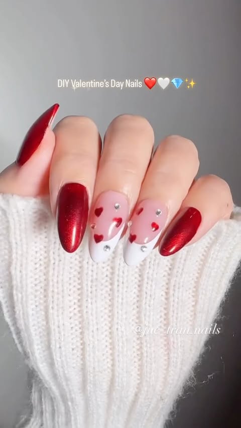 Instagram post by @jue_tran.nails for BTArtboxnails. Caption reads: [...] replace them with more hearts. ❤️....