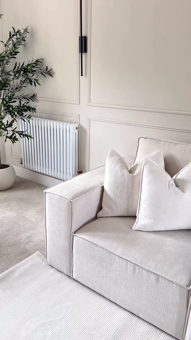 Instagram post by @athomewithrossi for Dusk. Caption reads: New sofa day! 📦 

Are you team cream sofa or not?....